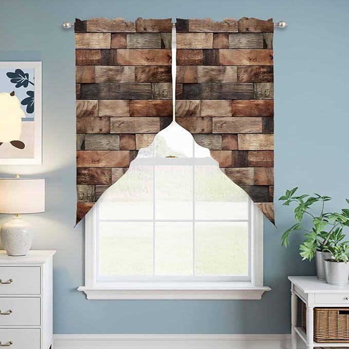 Western Barn Door Swag Valances for Windows, Vintage Farmhouses Wooden Door Brown Rod Pocket Kitchen Curtains Valance, Kitchen Window Curtains Swag for Cafe Bathroom Living Room, 2 Panels, 36x45 inch