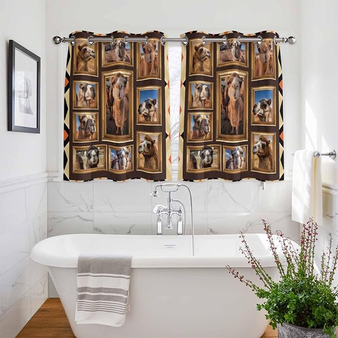2 Panel Kitchen Cafe Curtains, Wildlife Camels Sunlight Filtering Nature Air Through, Home Decor Window Covering Tier Curtains for Living Room 104W x 52L inch Deserts Animals Brown Geometric Rustic