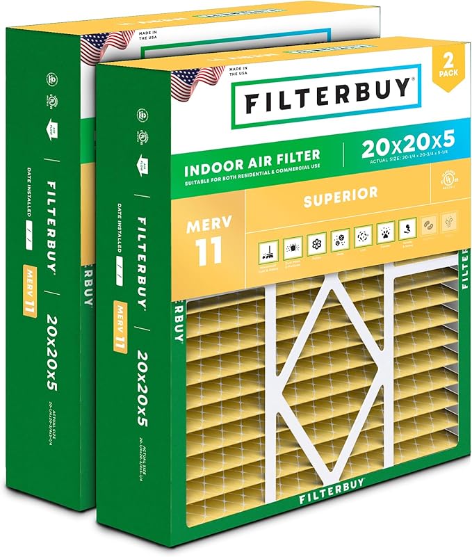 Filterbuy 20x20x5 Air Filter MERV 11 Superior Pet & Allergy Defense (2-Pack), Pleated HVAC AC Furnace Filters for Amana, Coleman, Goodman, Maytag, York, and More (Actual Size: 20.25 x 20.75 x 5.25)