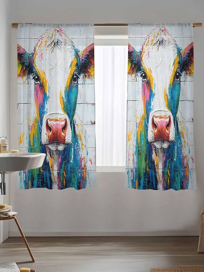 Sheer Curtains 72 Inches Long, Farmhouse Oil Painting Semi Sheer Curtains Light Filtering Window Treatment, Colorful Cow Animal Wooden Grain Privacy Voile Drapes for Living Room Bedroom 52x72 Inch