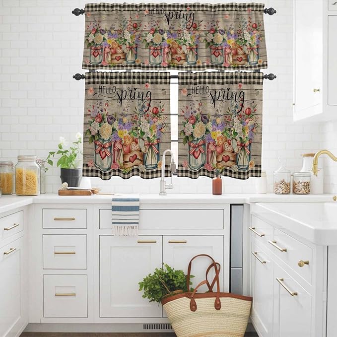 Kitchen Curtains Tiers and Valance Set of 3, Spring Flowers Light Filtering Window Curtain Set, Farmhouse Vintage Black Plaid Wood Grain Rod Pocket Curtain Drapes for Living Room, 36 Inches Tiers