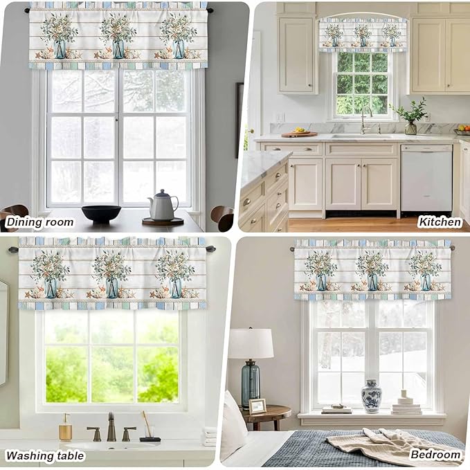 Kitchen Valances for Window, Ocean Starfish Conch Shell Eucalyptus Light Filtering Rod Pocket Valance Curtain, Colorful Wood Grain Short Curtains Window Topper for Bedroom Living Room 54x18in