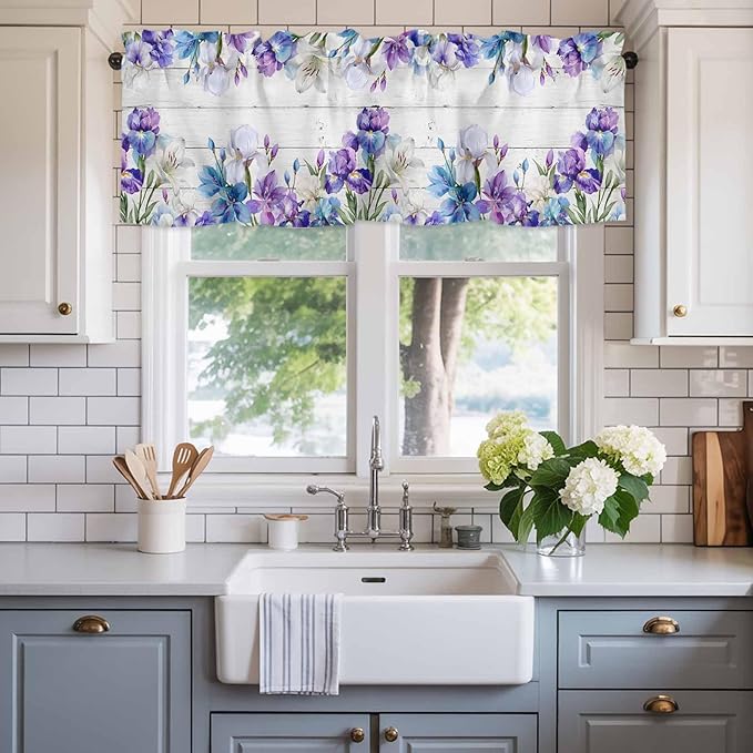 Spring Flowers Curtain Valances for Windows, Kitchen Valance Window Treatment, Watercolor Garden Florals Wooden Grain Light Filtering Block Curtains for Bathroom/Bedroom/Living Room 60'' x 18''