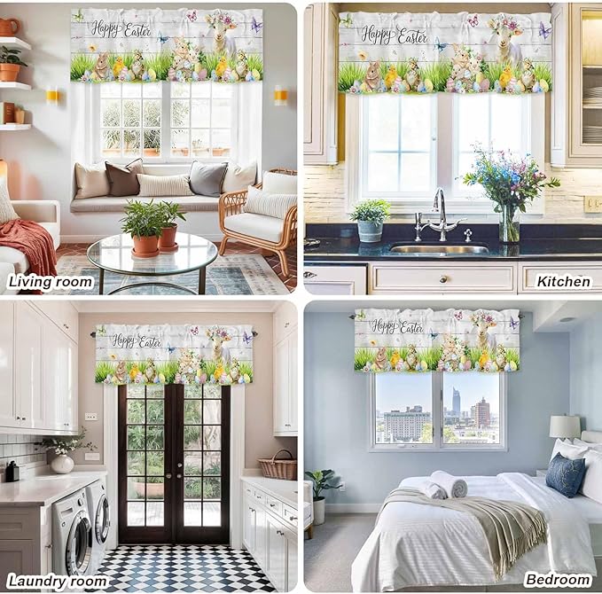 Easter Curtain Valances for Windows, Kitchen Valance Window Treatment, Spring Sheep Bunny Duck Plants Wooden Grain Light Filtering Block Curtains for Bathroom/Bedroom/Living Room 60'' x 18''
