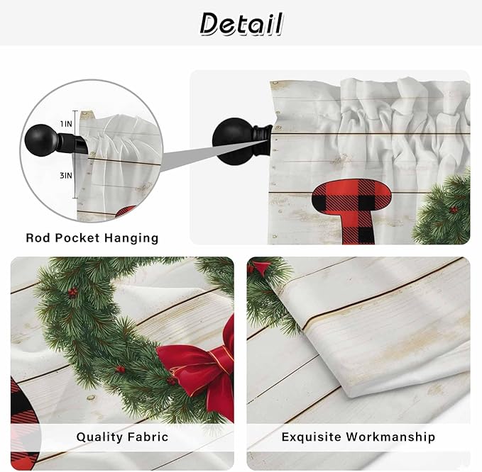 Christmas Wreaths Window Curtains 63 Inch Long 2 Panel Set, Rod Pocket Bedroom Curtains & Drapes, Winter Bow Plaid Farmhouse Wooden Grain Light Filtering Window Treatment for Living Room 42"W x 63"L