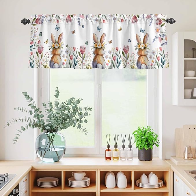 Kitchen Curtains Tiers and Valance Set of 3, Easter Light Filtering Window Curtain Set, Spring Flowers Wreath Rabbit Budding Florals Rod Pocket Curtain Drapes for Cafe, Living Room, 24 Inches Tiers