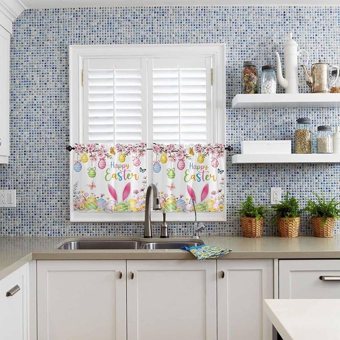 Happy Easter Half Window Curtain 36 Inches Long, Spring Watercolor Bunny Eggs Flower Branch Window Treatment Curtain Drapes, Small Tier Curtains for Bathroom Over Sink, 27.5"x36", 2 Panels