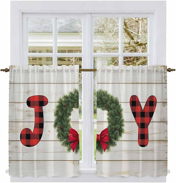 Christmas Wreaths Kitchen Curtains 45 Inch Long 2 Panel Set,Rod Pocket Window Treatment,Winter Bow Plaid Farmhouse Wooden Grain Light Filtering Short Curtains & Drapes for Bathroom Laundry 52"W x 45"L