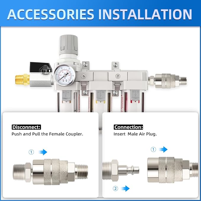 Industrial 1/2" NPT 3 Stage Air Drying System,Coalescing Filter, Particulate Filter and Air Regulator, Manual Drain for Air Tools and Spray Paint Gun