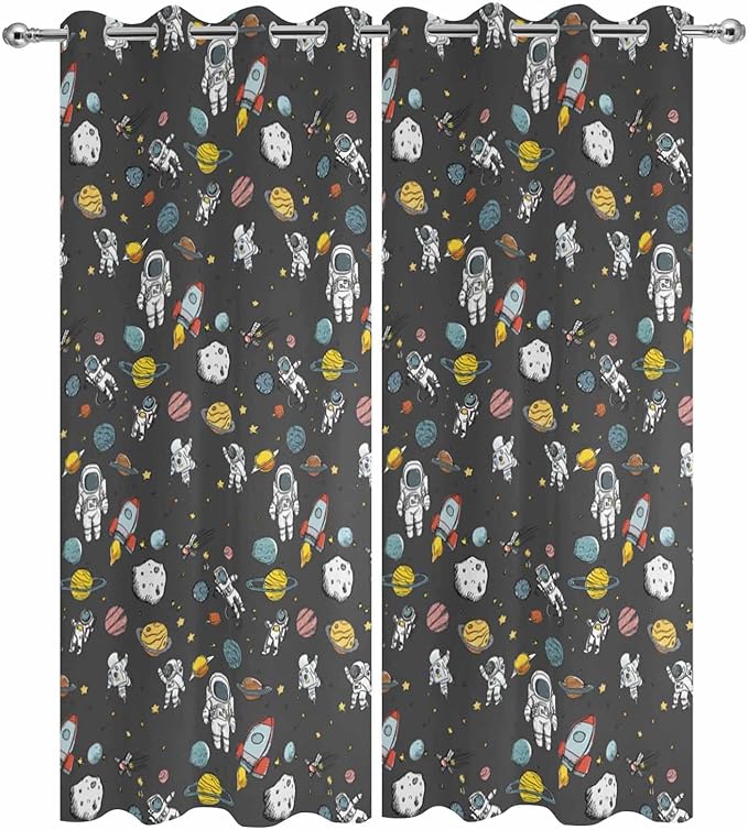 Cartoon Space Outdoor Curtains for Patio Rockets Planets Astronauts Gray Waterproof Outside Curtains with Grommet Top Weatherproof Curtain for Cabana Pergola Gazebo, 2 Pack, 54" W x 95" L