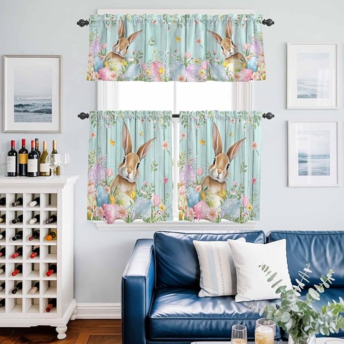 Kitchen Curtains Tiers and Valance Set of 3, Easter Light Filtering Window Curtain Set, Spring Rabbit Eggs Flowers Leaf Green Wooden Plank Rod Pocket Curtain Drapes for Living Room, 36 Inches Tiers