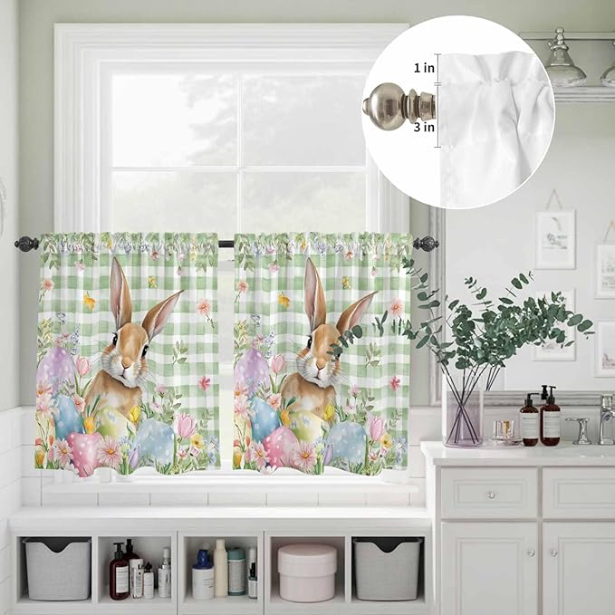 Kitchen Curtains Tiers and Valance Set of 3, Easter Light Filtering Window Curtain Set, Spring Bunny Colorful Eggs Floral Leaves Grey Plaid Rod Pocket Curtain Drapes for Living Room, 36 Inches Tiers