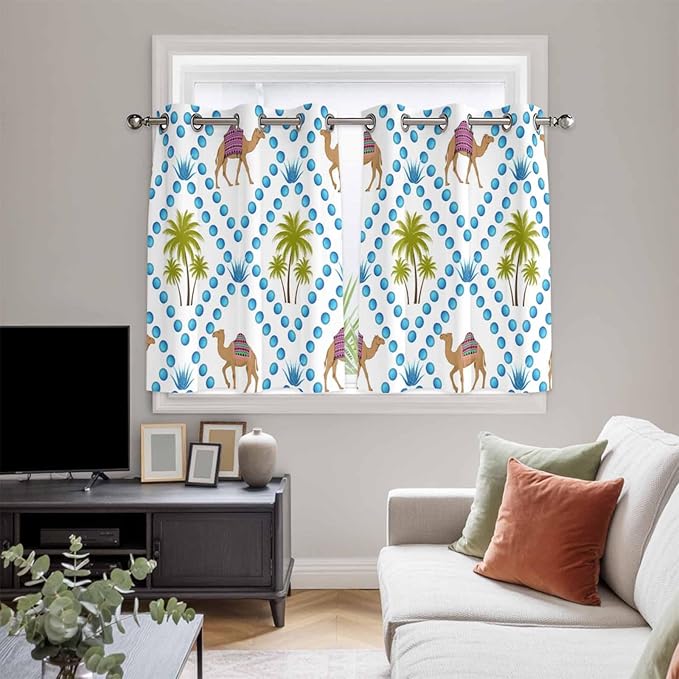 2 Panel Kitchen Cafe Curtains, Camels Palm Trees Sunlight Filtering Nature Air Through, Home Decor Window Covering Tier Curtains for Living Room 104W x 52L inch Tropical Desert Animal Plants Polka Dot