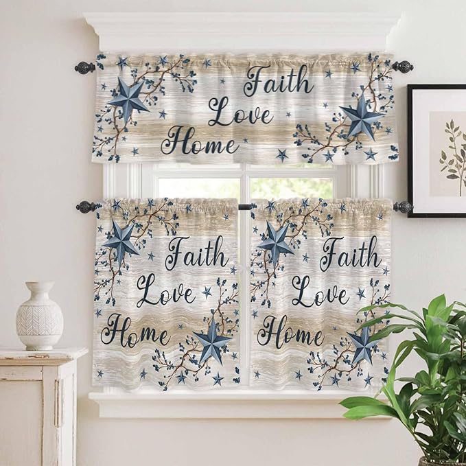 Kitchen Curtains Tiers and Valance Set of 3, Vintage Country Light Filtering Window Curtain Set, Blue Rustic Texas Star Vines Wooden Grain Rod Pocket Curtain Drapes for Living Room, 36 Inches Tiers