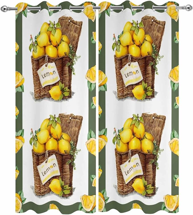 Lemon Outdoor Curtains for Patio Lemons in Baskets Summer Tropical Plants Green Waterproof Outside Curtains with Grommet Top Weatherproof Curtain for Cabana Pergola Gazebo, 2 Pack, 54" W x 95" L