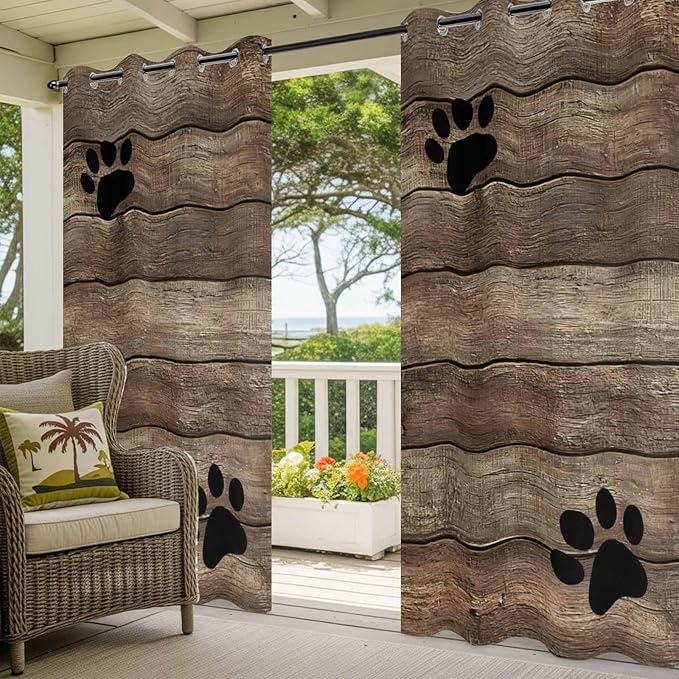 Wood Grain Outdoor Curtains for Patio Claws Animals Wooden Brown Vintage Waterproof Outside Curtains with Grommet Top Weatherproof Curtain for Cabana Pergola Gazebo, 2 Pack, 54" W x 84" L