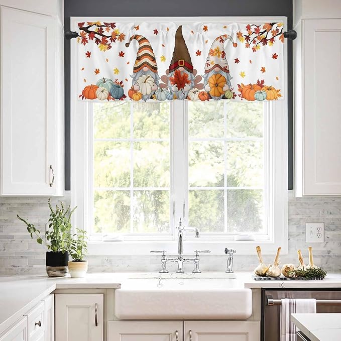 Fall Kitchen Curtain Set, Orange Yellow Thanksgiving Maple Leaf Gnomes Pumpkin Window Valance and Tiers 36" Length, Light Filtering Short Curtains Valance for Cafe Bathroom Bedroom 54"x18"