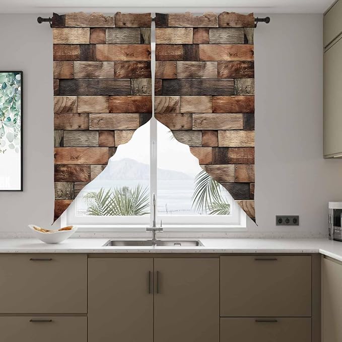 Western Barn Door Swag Valances for Windows, Vintage Farmhouses Wooden Door Brown Rod Pocket Kitchen Curtains Valance, Kitchen Window Curtains Swag for Cafe Bathroom Living Room, 2 Panels, 36x45 inch
