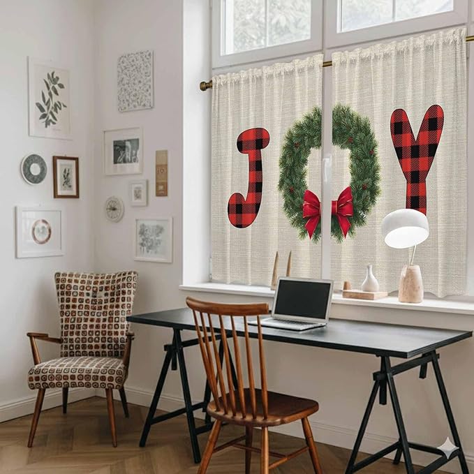 Red Green Christmas Kitchen Curtains 54 Inch Long 2 Panel Set, Rod Pocket Window Curtains Panels, Farmhouse Xmas Botanical Winter Light Filtering Privacy Draperies for Bedroom Laundry 42"W x 54"L