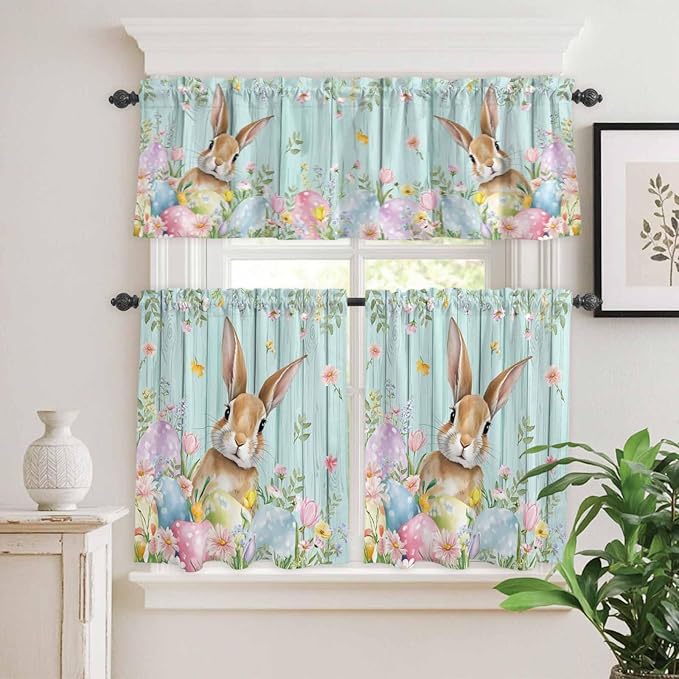 Kitchen Curtains Tiers and Valance Set of 3, Easter Light Filtering Window Curtain Set, Spring Rabbit Eggs Flowers Leaf Green Wooden Plank Rod Pocket Curtain Drapes for Living Room, 24 Inches Tiers