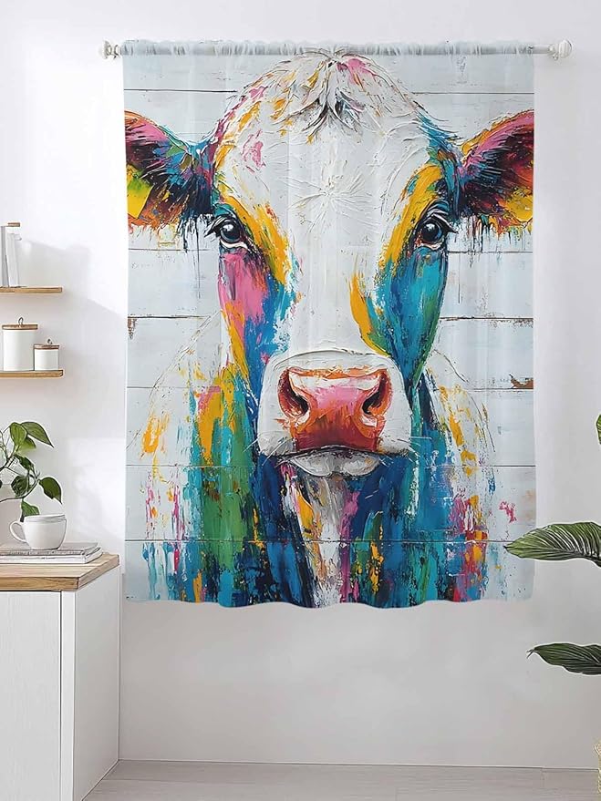 Sheer Curtains 72 Inches Long, Farmhouse Oil Painting Semi Sheer Curtains Light Filtering Window Treatment, Colorful Cow Animal Wooden Grain Privacy Voile Drapes for Living Room Bedroom 52x72 Inch