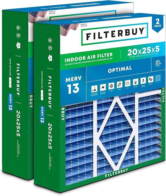 Filterbuy 20x25x5 Air Filter MERV 13 Optimal Smoke & Allergy Defense (2-Pack), Pleated HVAC AC Furnace Filters for Amana, Coleman, Goodman, Maytag, York, and More (Actual Size: 20.19 x 25.31 x 5.25)