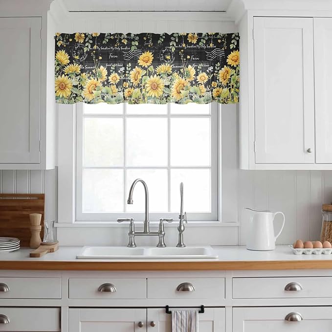 Summer Floral Sheer Valance Curtains, Watercolor Sunflower Eucalyptus Leaves Letter Print Light Filtering Kitchen Valances Rod Pocket Voile Curtain Treatment for Bedroom/Living Room/Basement 60Wx18L