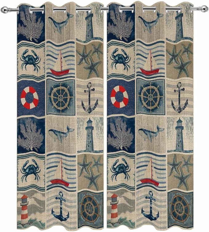 Oceans Outdoor Curtains for Patio Shell Starfish Whales Summer Vintage Waterproof Outside Curtains with Grommet Top Weatherproof Curtain for Cabana Pergola Gazebo, 2 Pack, 54" W x 108" L