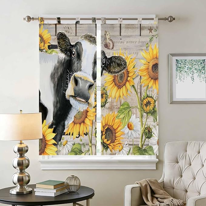 Yellow Sunflowers Living Room Curtains 84 Inch Length, Window Curtains Tab Top, Farmhouse Cow Barn Doors Floral Butterfly Light Filtering Window Treatments Drapes 42"x84" 2 Panel