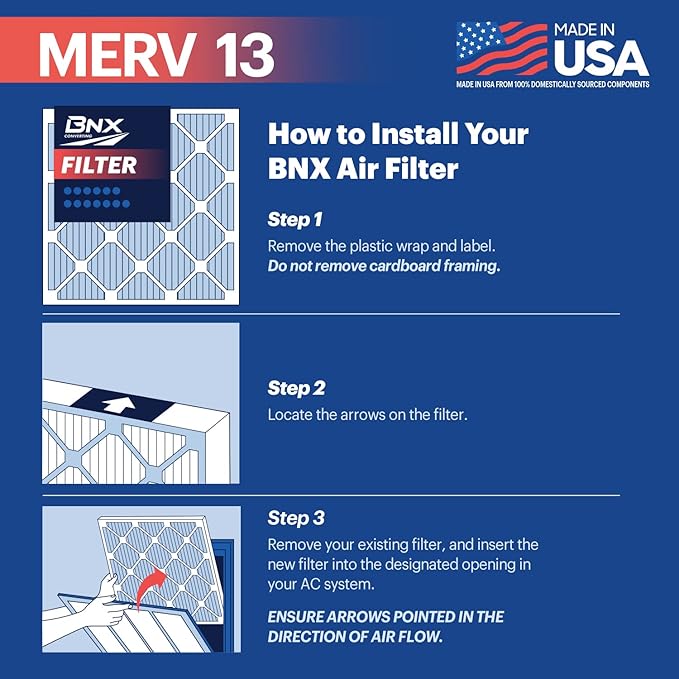 BNX TruFilter 18x24x1 Air Filter MERV 13 (4-Pack) - MADE IN USA - Electrostatic Pleated Air Conditioner HVAC AC Furnace Filters for Allergies, Pollen, Mold, Bacteria, Smoke, Allergen, MPR 1900 FPR 10