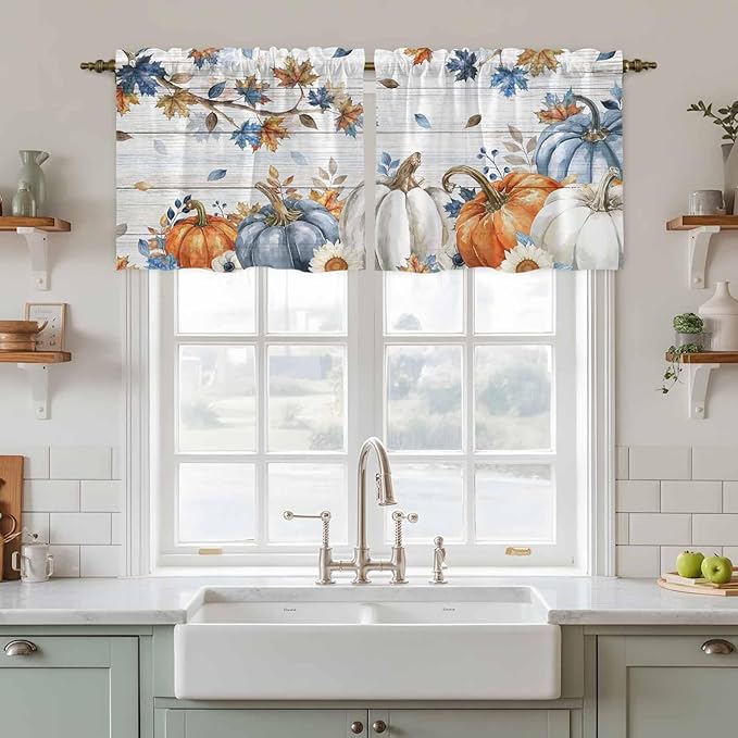Thanksgiving Pumpkin Kitchen Tier Curtains 24 Inch Long 2 Panel Set,Rod Pocket Cafe Small Window Curtains Over Sink,Fall Maple Leaf Daisy Wooden Grain Short Drapes for Bathroom Cabinet 27.5"W x 24"L