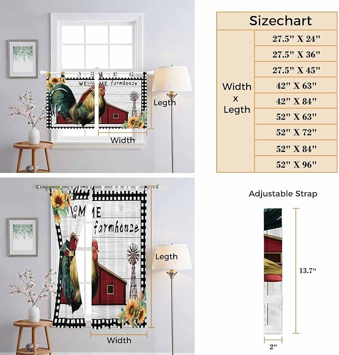 Farmhouse Rooster Bathroom Curtains 63 Inch Length, Window Curtains Tab Top, Rustic Red Barn Windmill Sunflowers Light Filtering Window Treatments Drapes 52"x63" 2 Panel