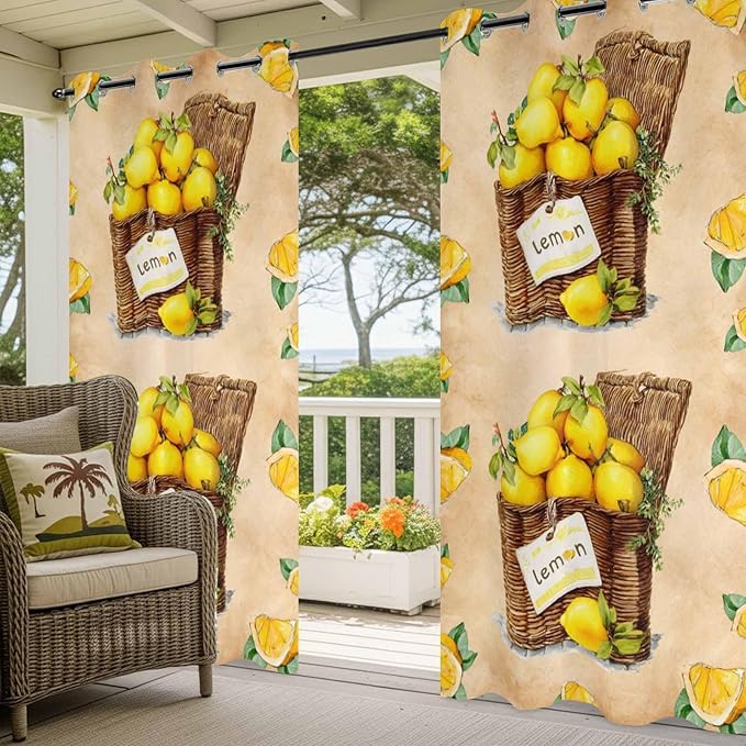 Lemon Outdoor Curtains for Patio Lemons in Baskets Summer Tropical Plant Brown Waterproof Outside Curtains with Grommet Top Weatherproof Curtain for Cabana Pergola Gazebo, 1 Panel, 54" W x 108" L