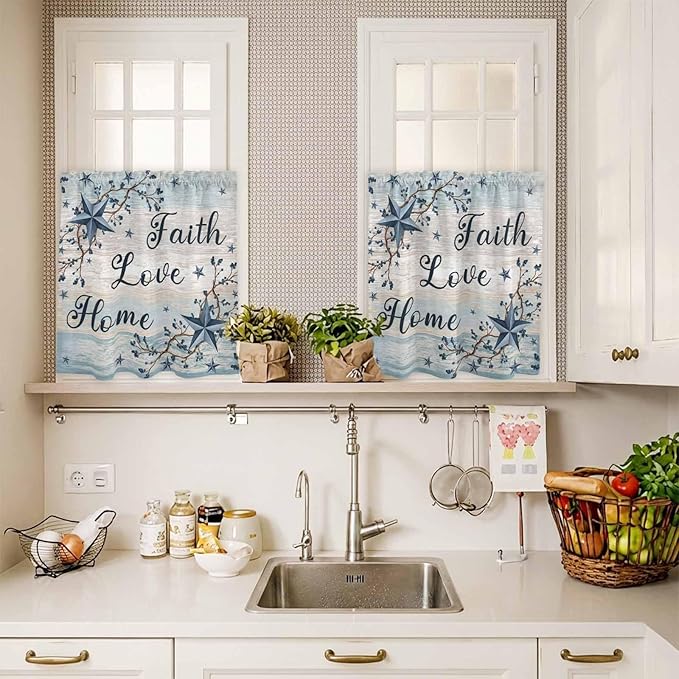 Vintage Farmhouse Kitchen Curtains Set 3 Piece for Windows, Rod Pocket Valance and Tier Set 36 Inch Length, Blue Country Texas Star Vines Wooden Light Filtering Cafe Curtains for Living Room Bathroom