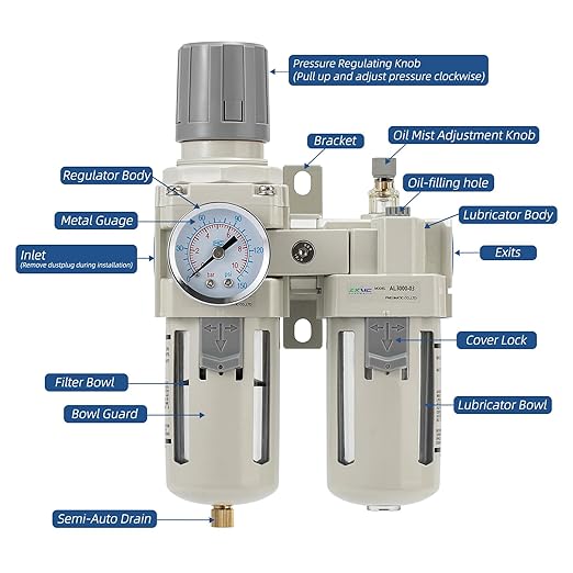 3/8" NPT Compressed Air Filter Regulator Lubricator Combination,Water/Oil Trap Separator (0-150 PSI), Oil Water Separator,Semi-Automatic Drain, Suitable for Pneumatic Systems