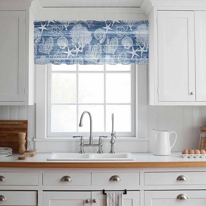 Navy Blue Retro Summer Sheer Valance Curtains, Sea Turtle Starfish Coral Ocean Light Filtering Kitchen Valances Rod Pocket Voile Curtain Window Treatment for Bedroom/Living Room/Basement 42Wx12L
