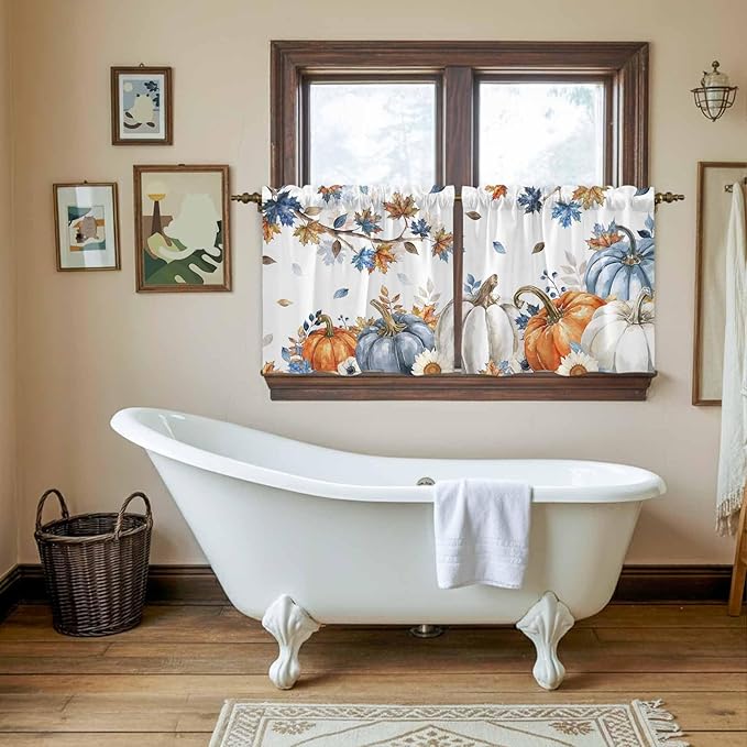 Navy Blue Pumpkin Fall Kitchen Tier Curtains 24 Inch Long 2 Panel Set,Rod Pocket Cafe Small Window Curtains Over Sink,Thanksgiving Maple Leaves Branches Short Drapes for Bathroom Cabinet 27.5"W x 24"L