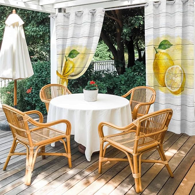 Lemons Yellow Summer Fruit Vintage Wood Outdoor Curtains for Patio Waterproof Outside Curtains with Grommet Top Weatherproof Curtain for Cabana Pergola Gazebo, 2 Pack, 54" W x 108" L
