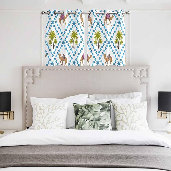 2 Panel Kitchen Cafe Curtains, Camels Palm Trees Sunlight Filtering Nature Air Through, Home Decor Window Covering Tier Curtains for Living Room 104W x 52L inch Tropical Desert Animal Plants Polka Dot