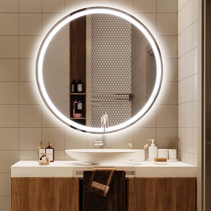 Bathroom Mirror with LED Lights, Wall Mounted Round Mirror, Mirror for Wall with Touch, 3 Colour and Demister Pad, IP44 Dimmable Bathroom Vanity Mirror(A,19.6"/50cm)