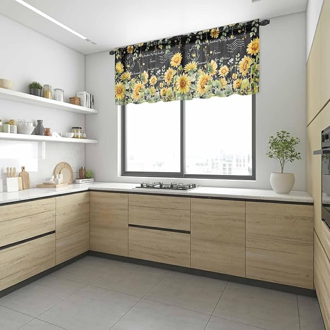 Summer Floral Sheer Valance Curtains, Watercolor Sunflower Eucalyptus Leaves Letter Print Light Filtering Kitchen Valances Rod Pocket Voile Curtain Treatment for Bedroom/Living Room/Basement 60Wx18L