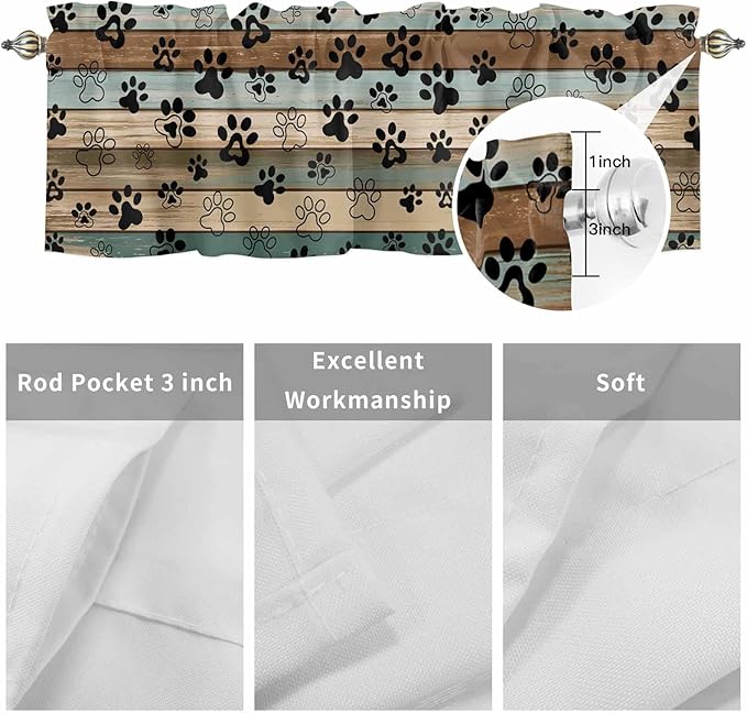 Dog Paws Valance Curtains for Kitchen, Teal Brown Wood Grain Privacy Rod Pocket Valance Curtain, Light-Filtering Window Treatment for Bedroom Bathroom, 42"x12"