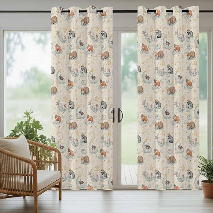 Cartoon Animals Outdoor Curtains for Patio Raccoons Rabbits Moon Linen Texture Waterproof Outside Curtains with Grommet Top Weatherproof Curtain for Cabana Pergola Gazebo, 2 Pack, 54" W x 84" L
