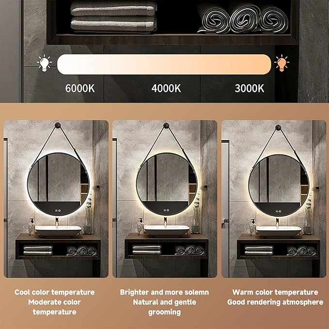 JSLJDM 500X500 mm Illuminated Backlit LED Bathroom Mirror, Wall Mounted Multifunction Bathroom Vanity Mirror with Lights and Demister Pad, Energy-Saving Illuminated Smart Mirror 60cm/23.5in Black