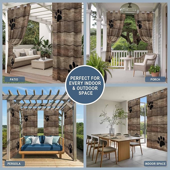 Wood Grain Outdoor Curtains for Patio Claws Animals Wooden Brown Vintage Waterproof Outside Curtains with Grommet Top Weatherproof Curtain for Cabana Pergola Gazebo, 1 Panel, 54" W x 84" L