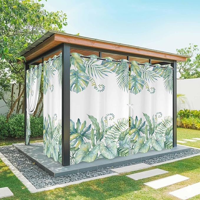 Leaves Outdoor Curtains for Patio Green Leaf Tropical Plants Farmhouse Pastoral Waterproof Outside Curtains with Grommet Top Weatherproof Curtain for Cabana Pergola Gazebo, 1 Panel, 54" W x 84" L
