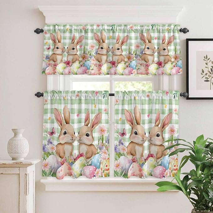 Easter Kitchen Curtains Set 3 Piece for Windows, Rod Pocket Valance and Tier Set 24 Inch Length, Spring Rabbit Eggs Flower Butterfly Green Plaid Light Filtering Cafe Curtains for Living Room Bathroom