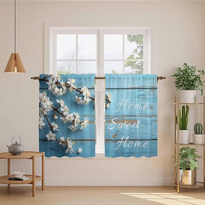 Farmhouse Wooden Grain Tier Curtains, Vintage Shabby Chic Flower Blue Light Filtering Kitchen Curtains, 2Pcs Rod Pocket Half Window Treatments Panels for Sink Cafe Cabinet Basement 27.5x45 Inches