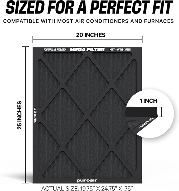 PuroAir MegaFilter - 20x25x1 Air Filter MERV 13 Activated CarbonTech Defense - Heavy Duty 3 Layer Furnace Filters Allergens, Pollen, Dust, Pet Dander, Smoke, Odors - HVAC Air Filter 20x25x1 (4-Pack)