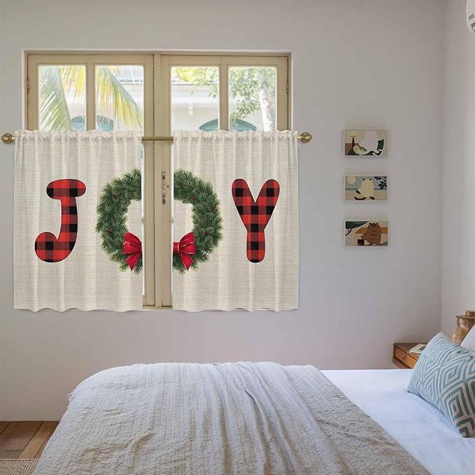 Red Green Christmas Kitchen Tier Curtains 45 Inch Long 2 Panel Set,Rod Pocket Short Window Treatment,Farmhouse Xmas Botanical Winter Curtains & Drapes for Bathroom Basement 27.5"W x 45"L